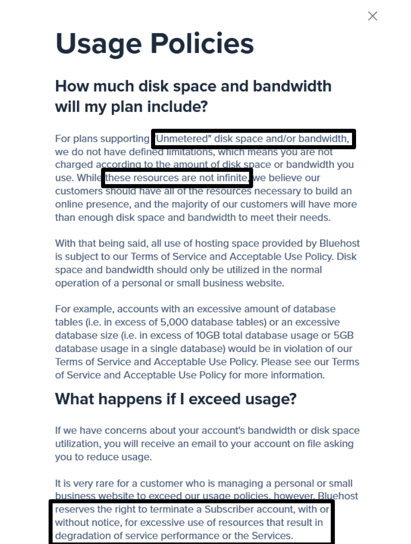 Bluehost usage policies