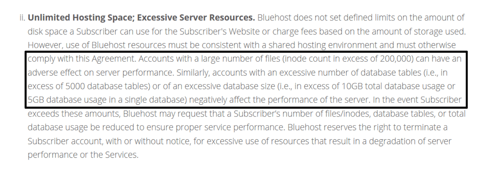 Bluehost terms of service - unlimited hosting space and excessive server resources