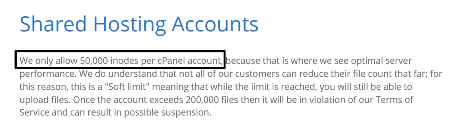 Bluehost terms of service - 50,000 inodes per cPanel account