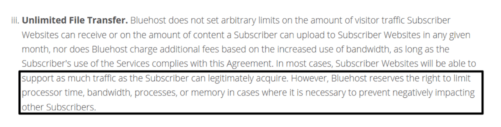 Bluehost terms of service - unlimited file transfer