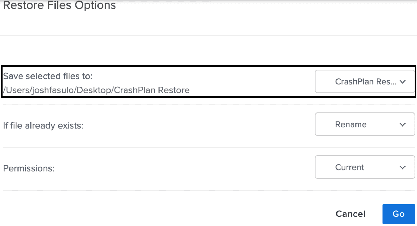 CrashPlan Restore Files Option - save selected files to location