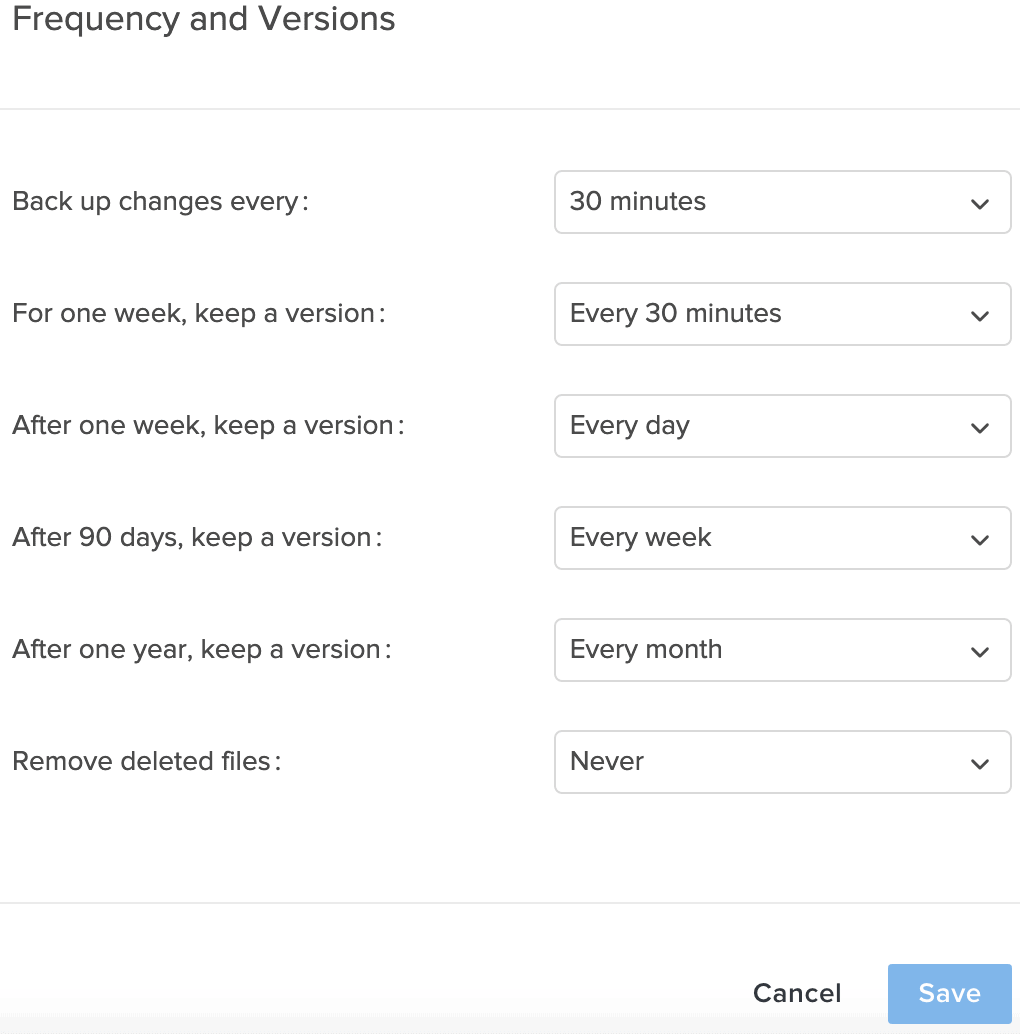 CrashPlan Frequency and Version settings