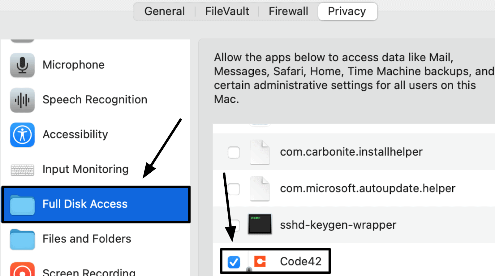 Mac full disk access privacy settings