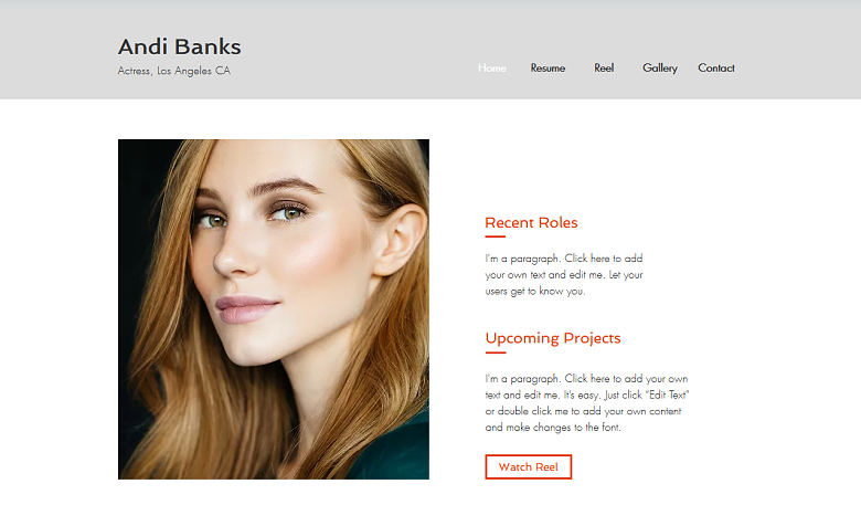 Wix Actress Resume template homepage