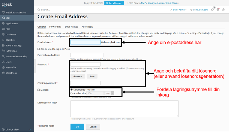 Plesk - create email address 2