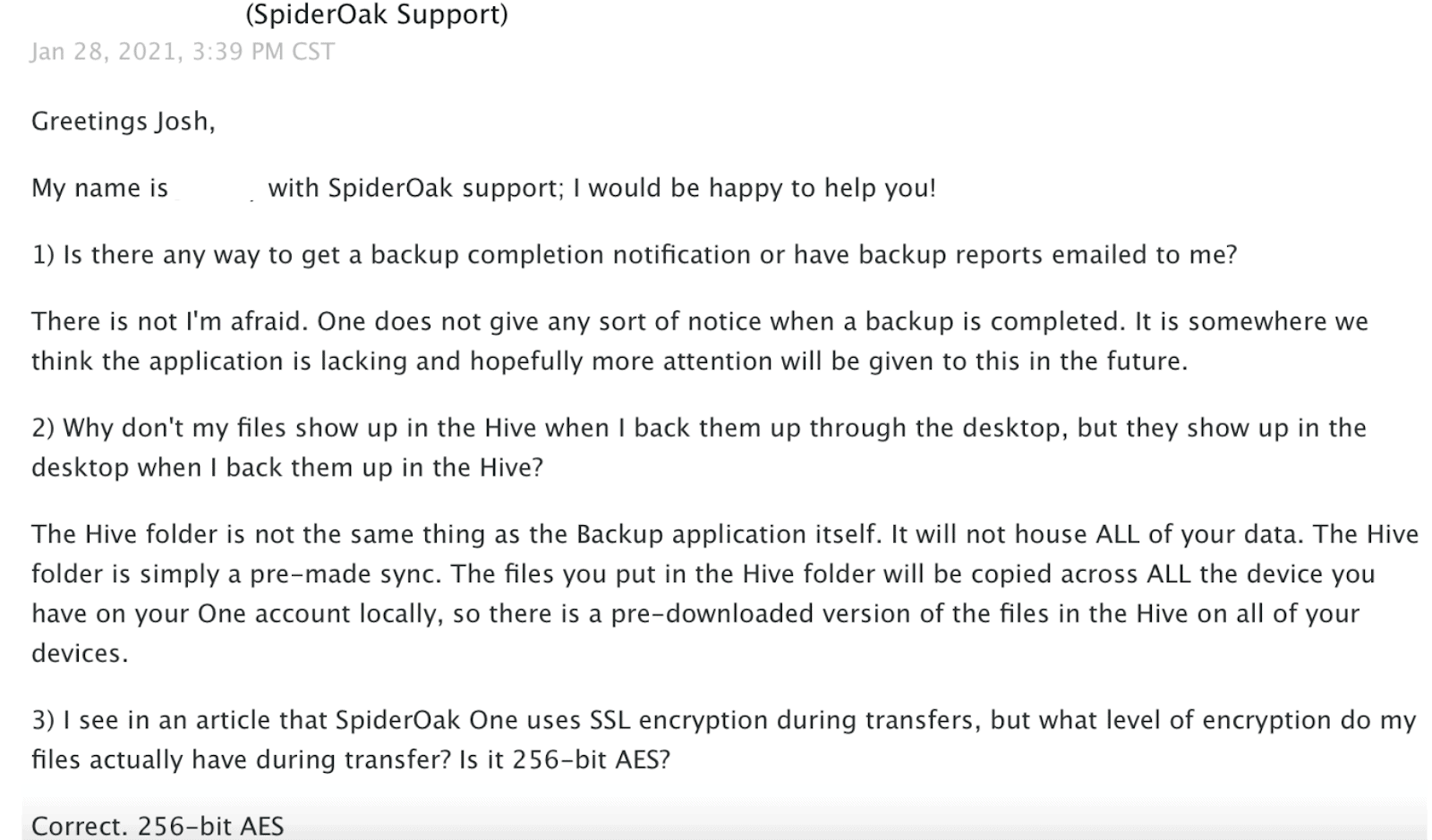 SpiderOak One support response email