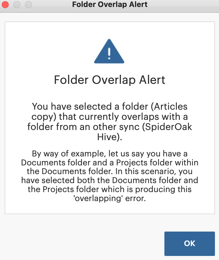 SpiderOak One sync Folder Overlap Alert
