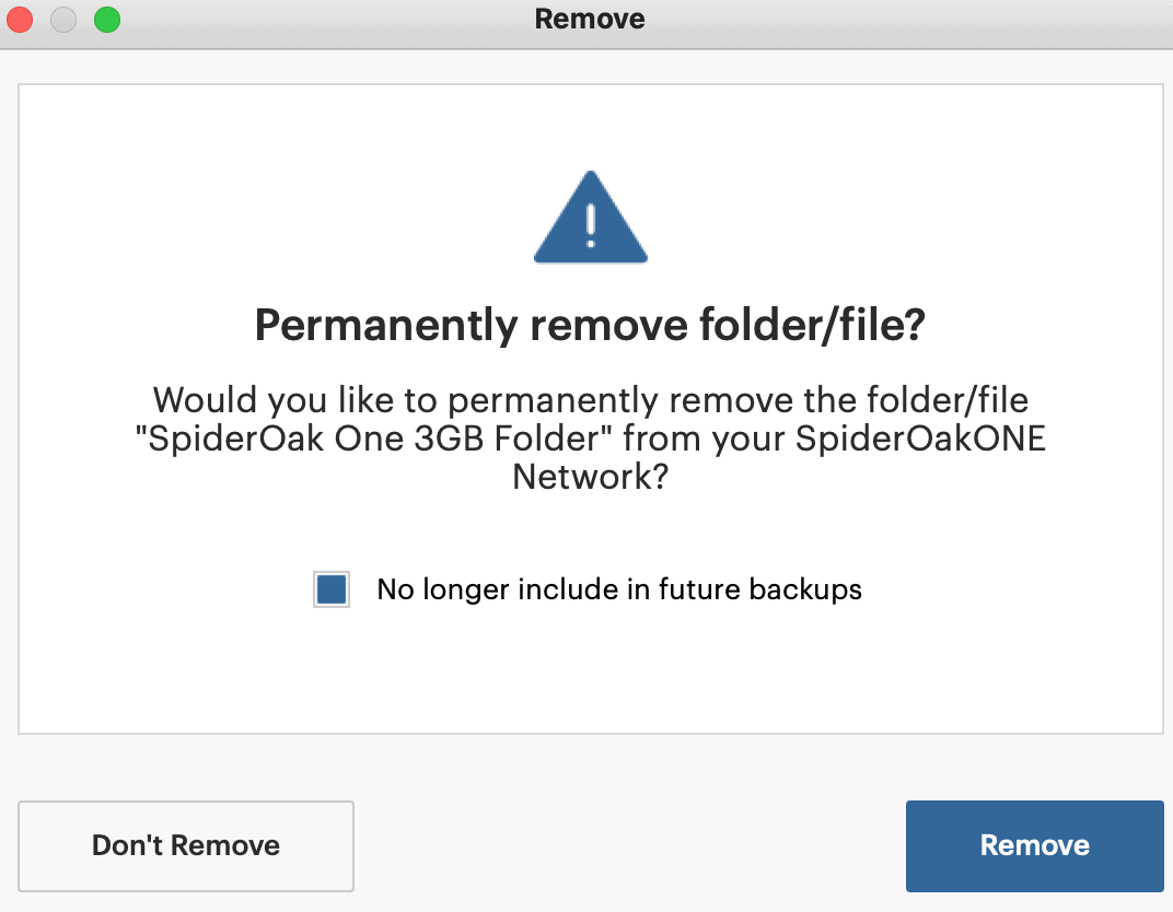SpiderOak One remove file warning