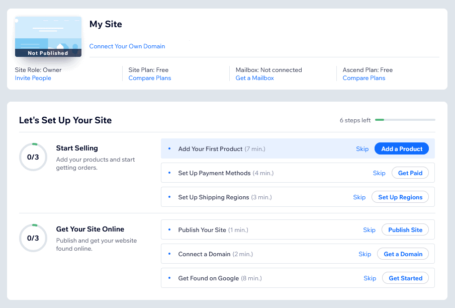 the Wix Stores dashboard