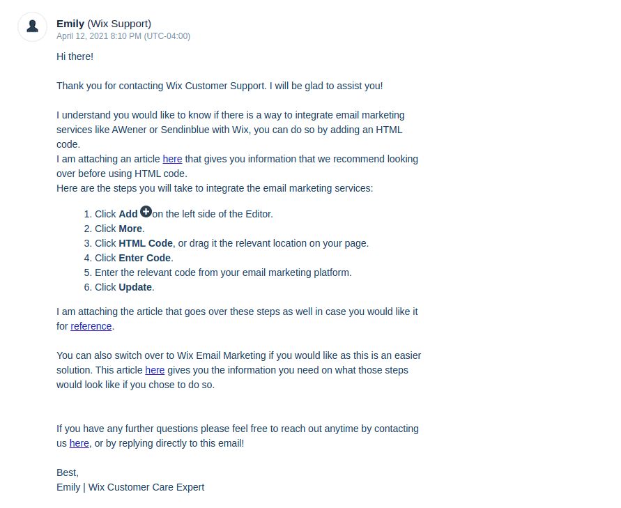 my first email response from Wix support