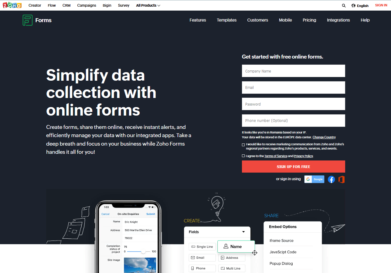 Zoho Forms - homepage