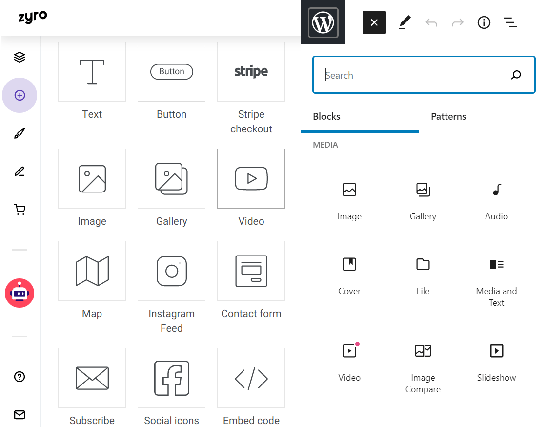 Zyro vs WordPress.com element options