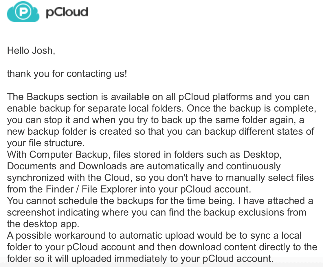 pCloud support reply