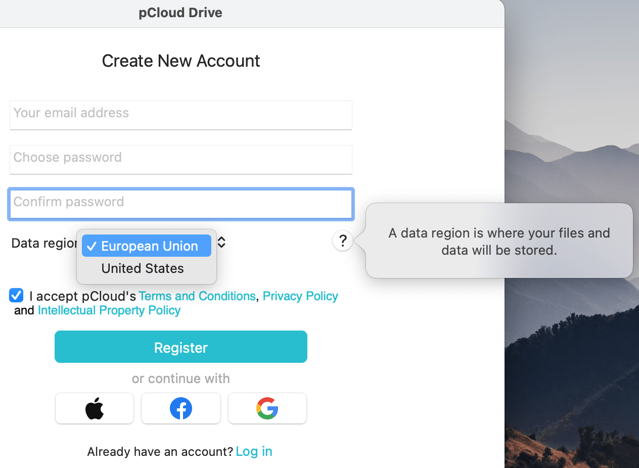 pCloud create account screen