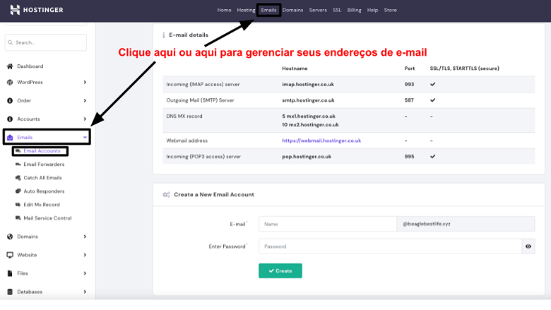 hPanel - emails page