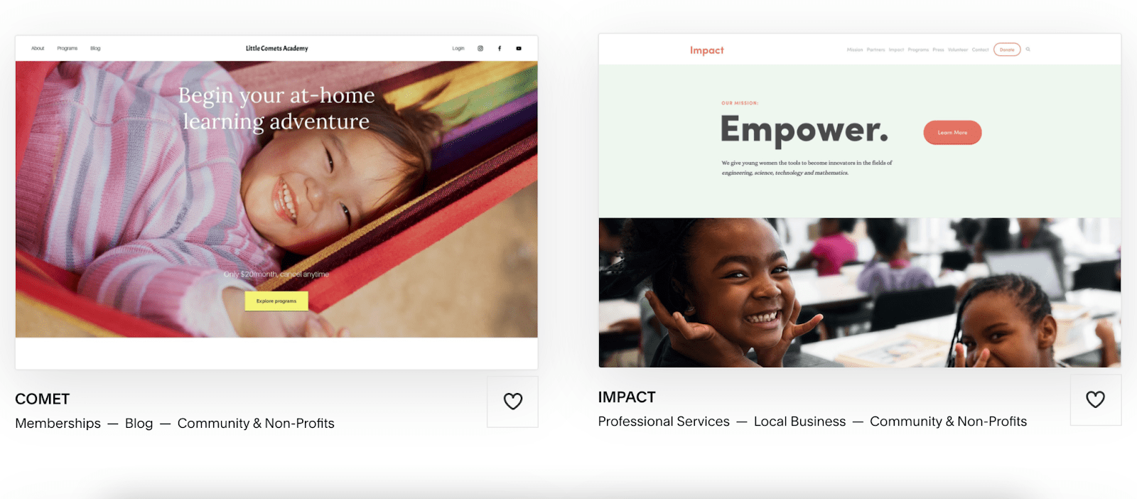 Squarespace templates Comet and Impact