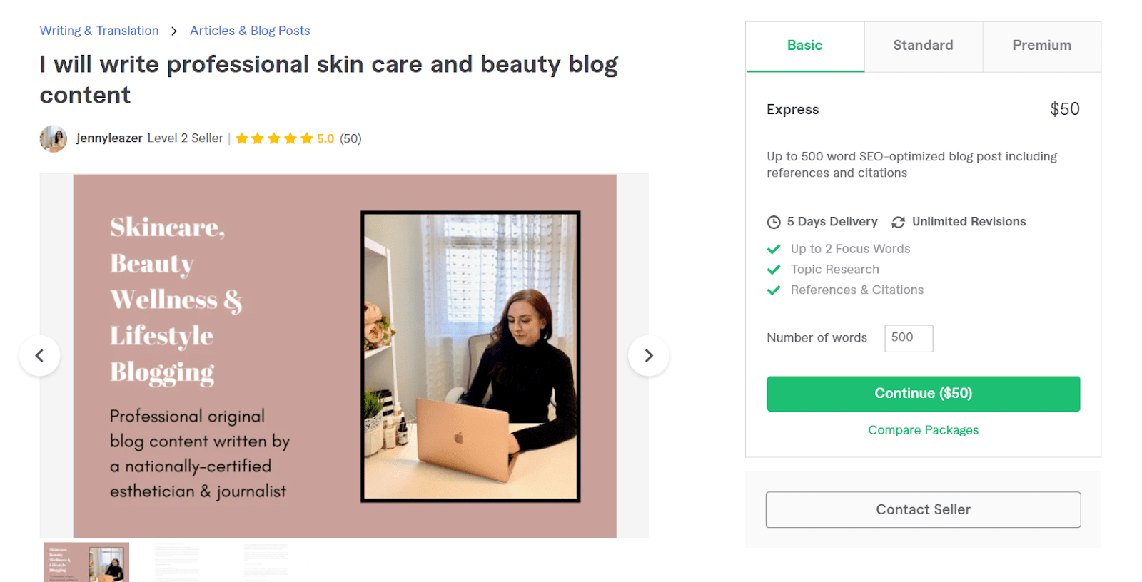 Fiverr screenshot - jennyleazer beauty content writer gig