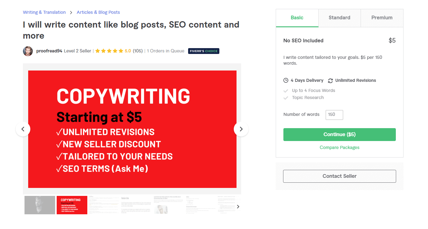 Fiverr screenshot - proofread94 content writer gig