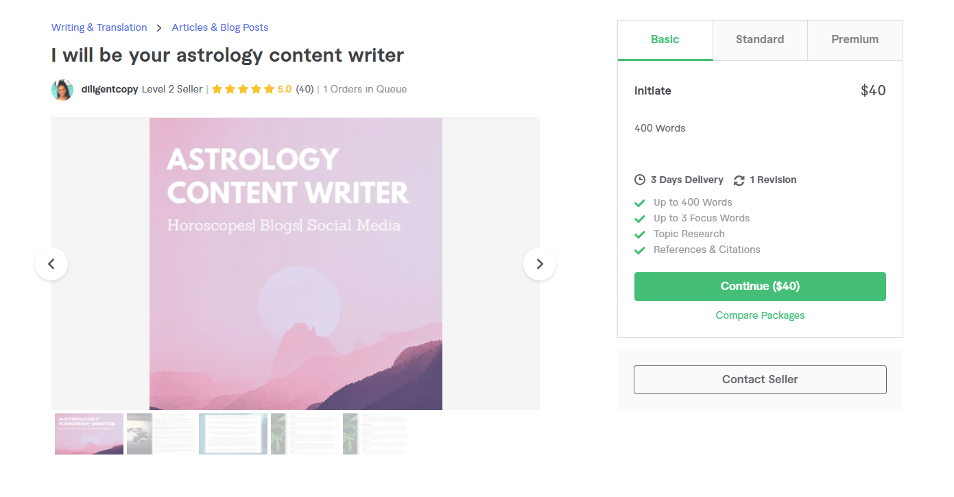 Fiverr screenshot - diligentcopy content writer gig