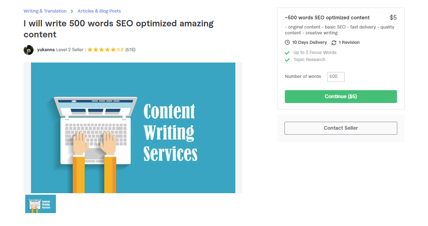 Fiverr screenshot - yukanna content writer gig