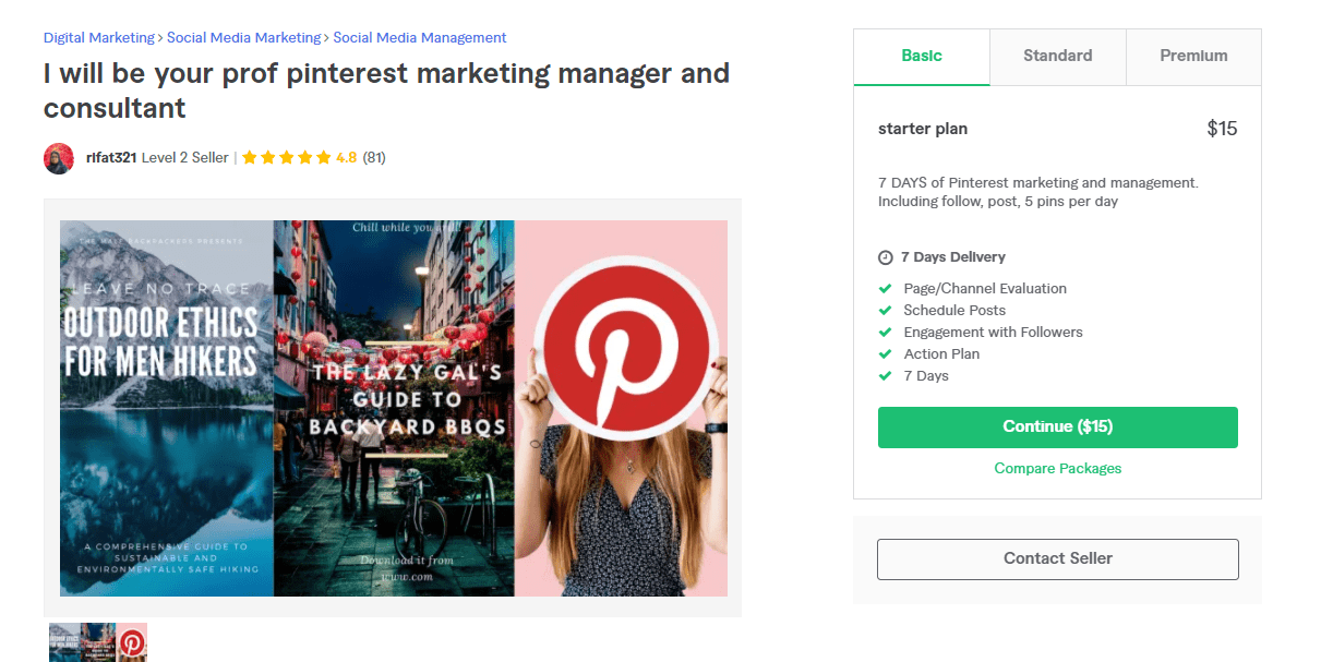 Fiverr screenshot - rifat321 pinterest marketing manager gig