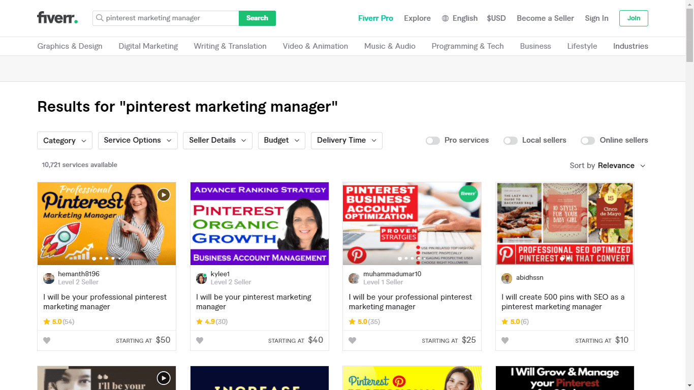 Fiverr screenshot - pinterest marketing manager
