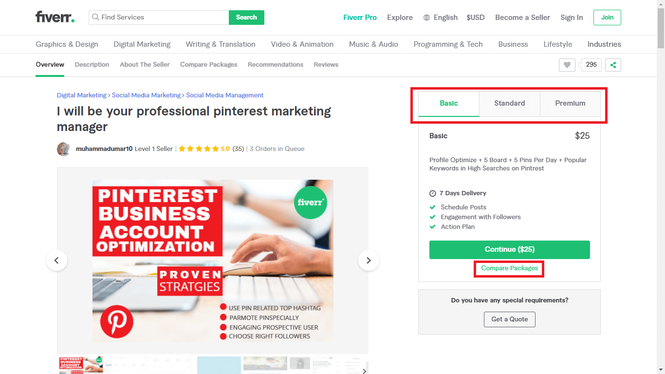 Fiverr screenshot - package tabs and compare packages button