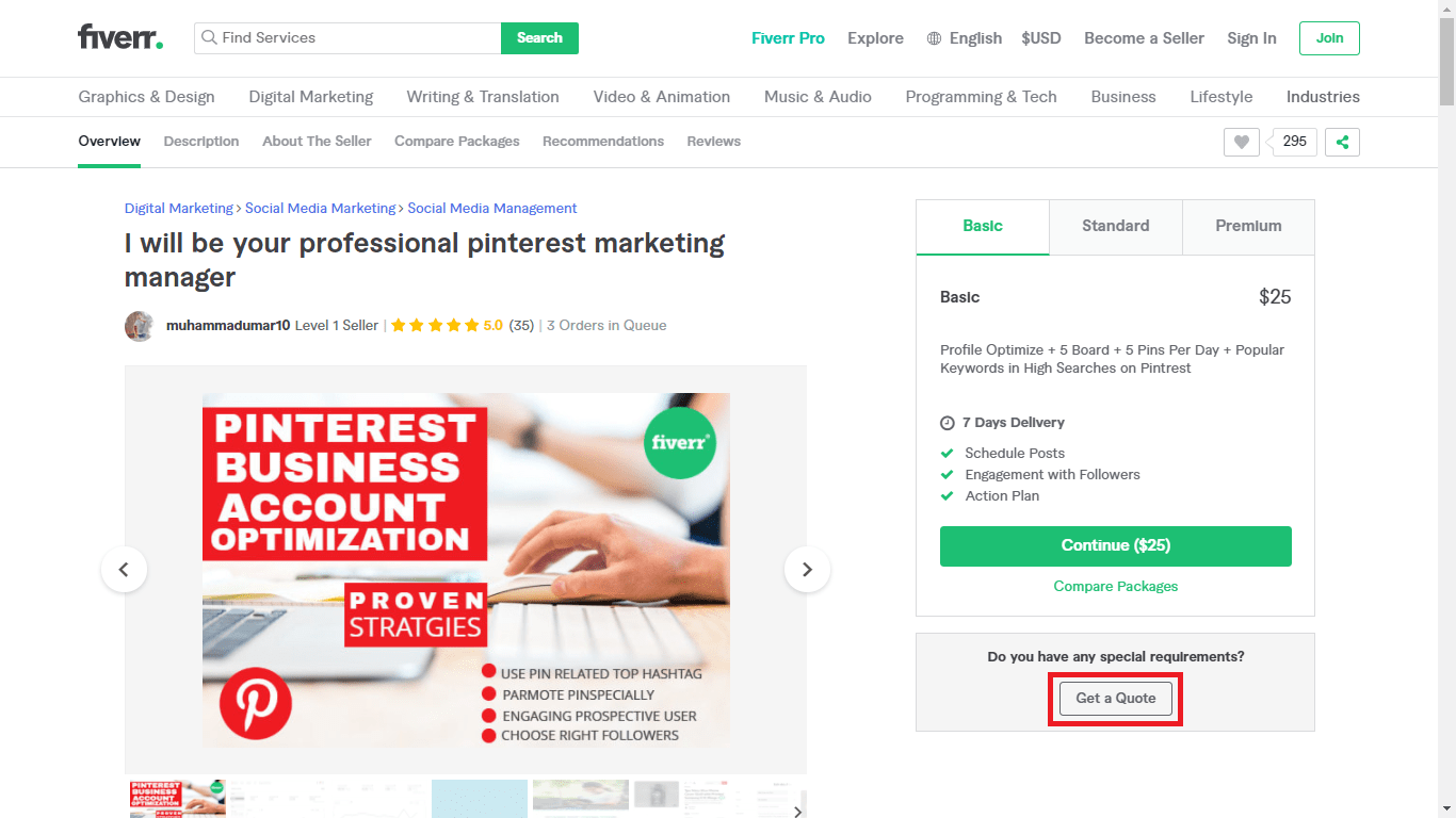 Fiverr screenshot - get a quote button