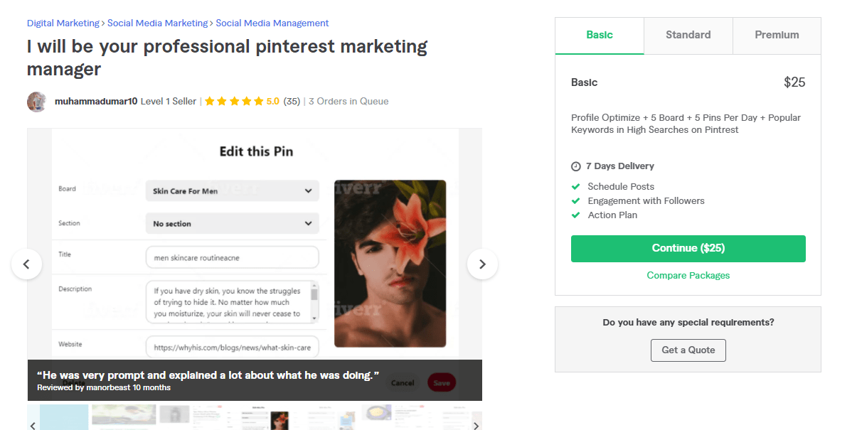 Fiverr screenshot - muhammadumar10 pinterest marketing manager gig