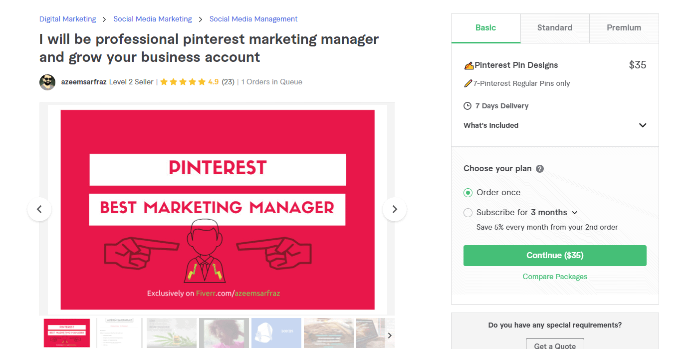 Fiverr screenshot - azeemsarfraz pinterest marketing manager gig