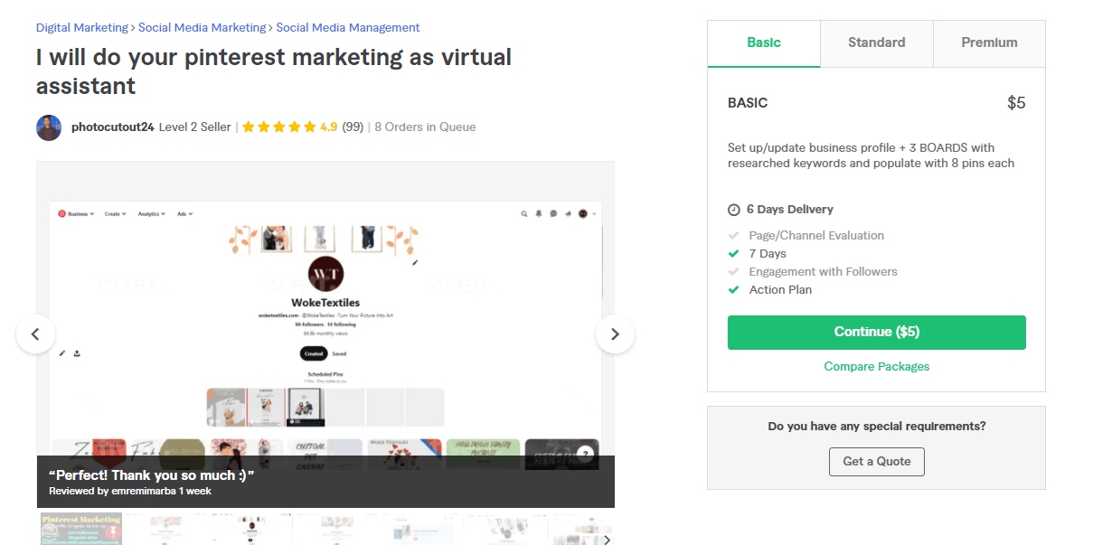 Fiverr screenshot - photocutout24 pinterest marketing manager gig