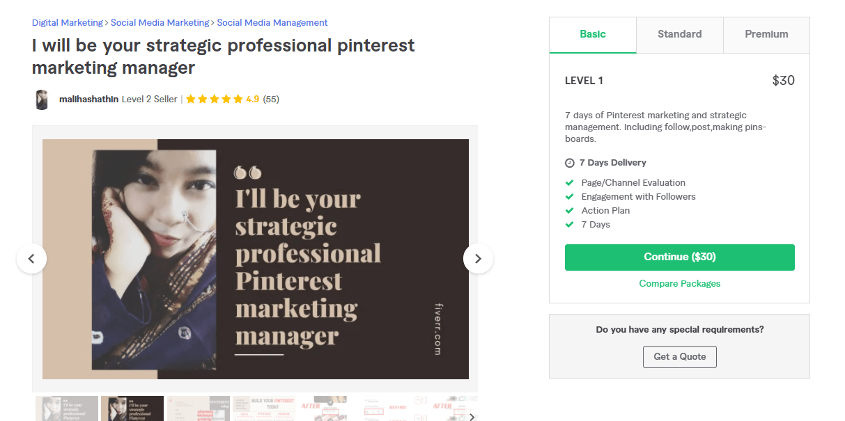 Fiverr screenshot - malihashathin pinterest marketing manager gig