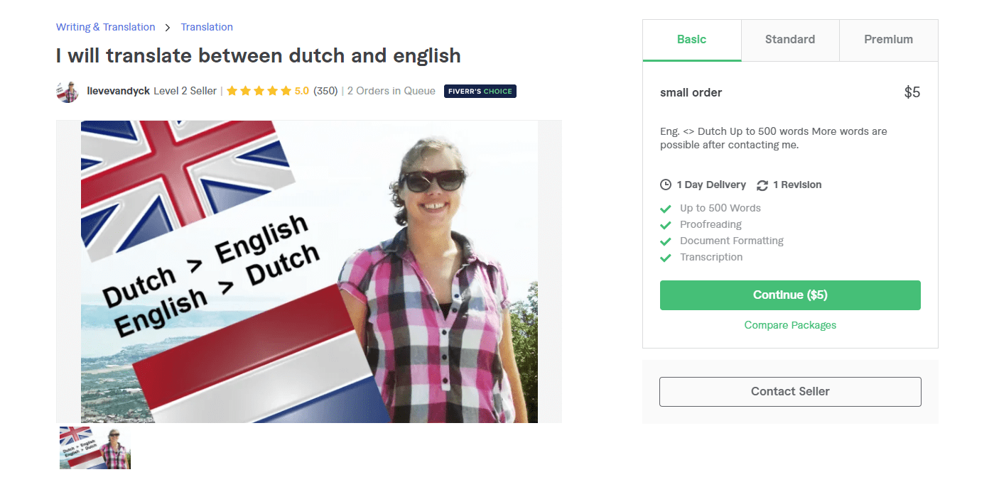 Fiverr screenshot - lievevandyck dutch translation services gig