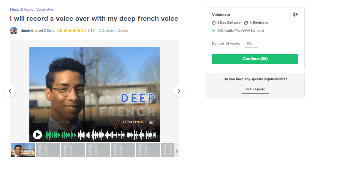 Fiverr screenshot - theolart french voice over artist gig