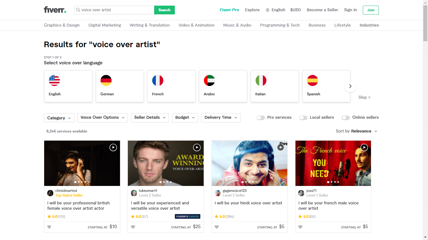 Fiverr screenshot - voice over artists