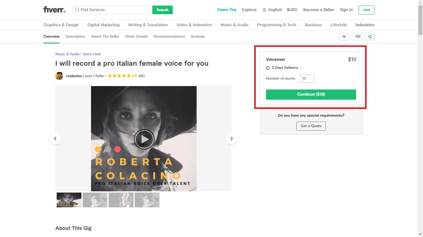 Fiverr screenshot - package pricing