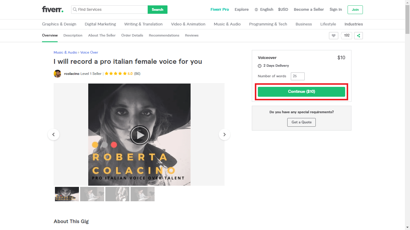 Fiverr screenshot - continue button