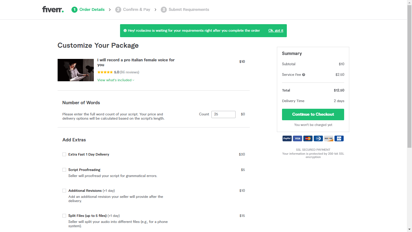 Fiverr screenshot - continue to checkout button