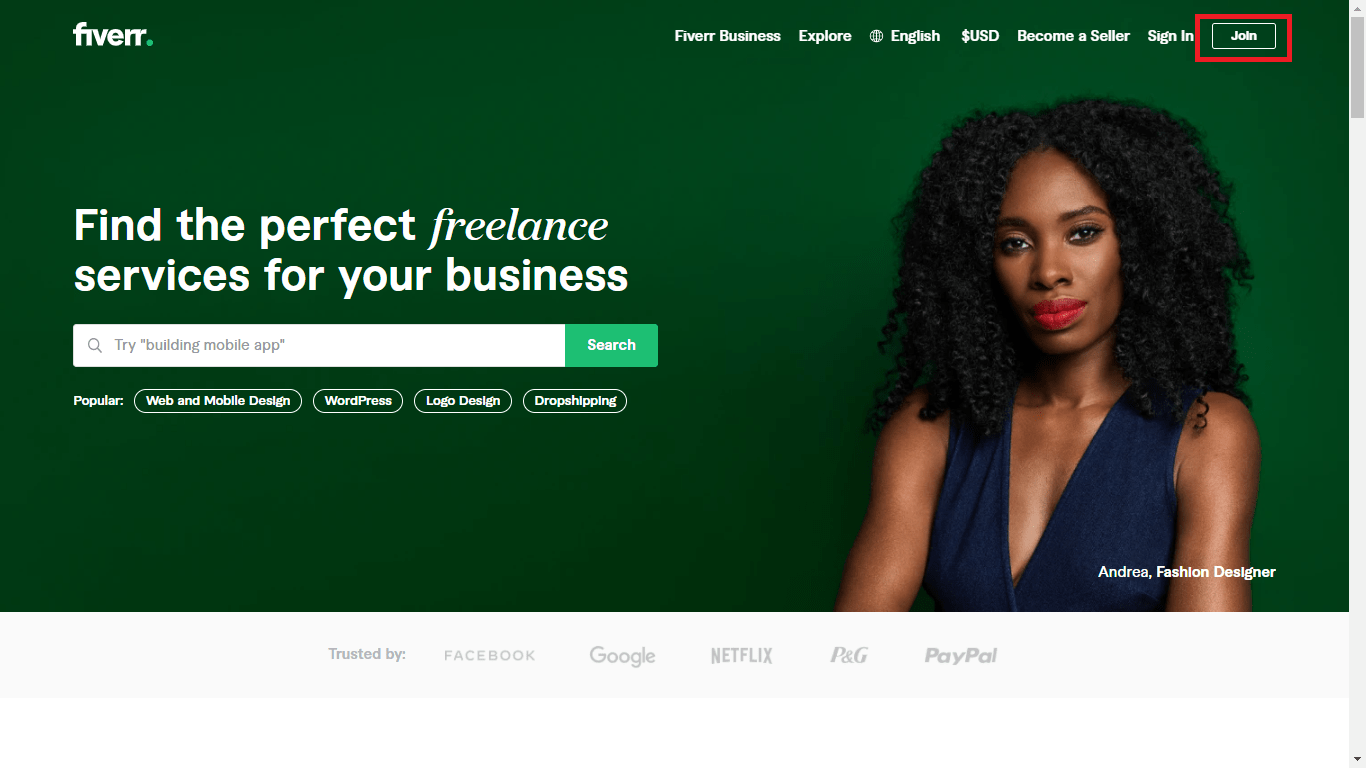 Fiverr screenshot - homepage join button