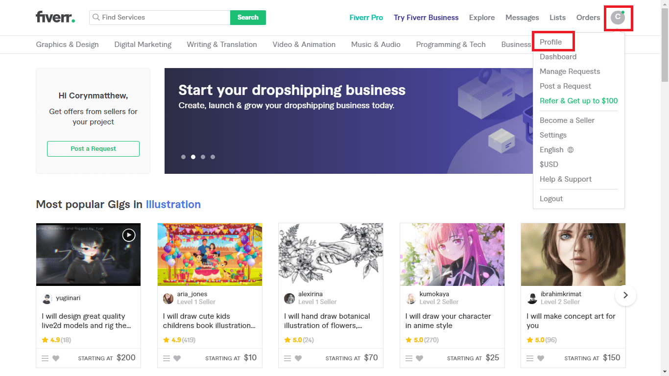 Fiverr screenshot - seller main page