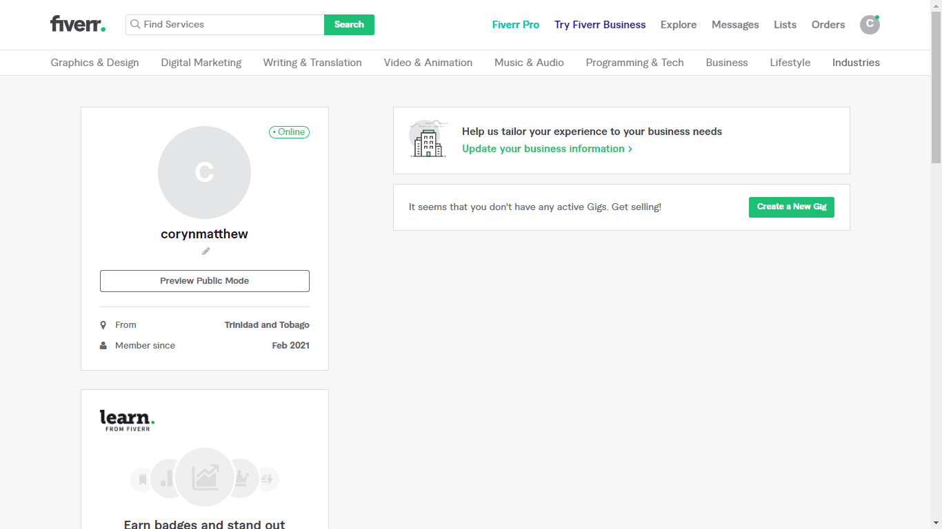 Fiverr screenshot - profile edit