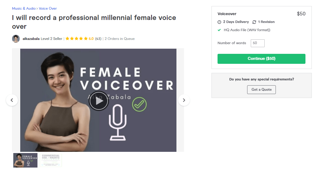 Fiverr screenshot - aikazabala millennial voice over artist gig