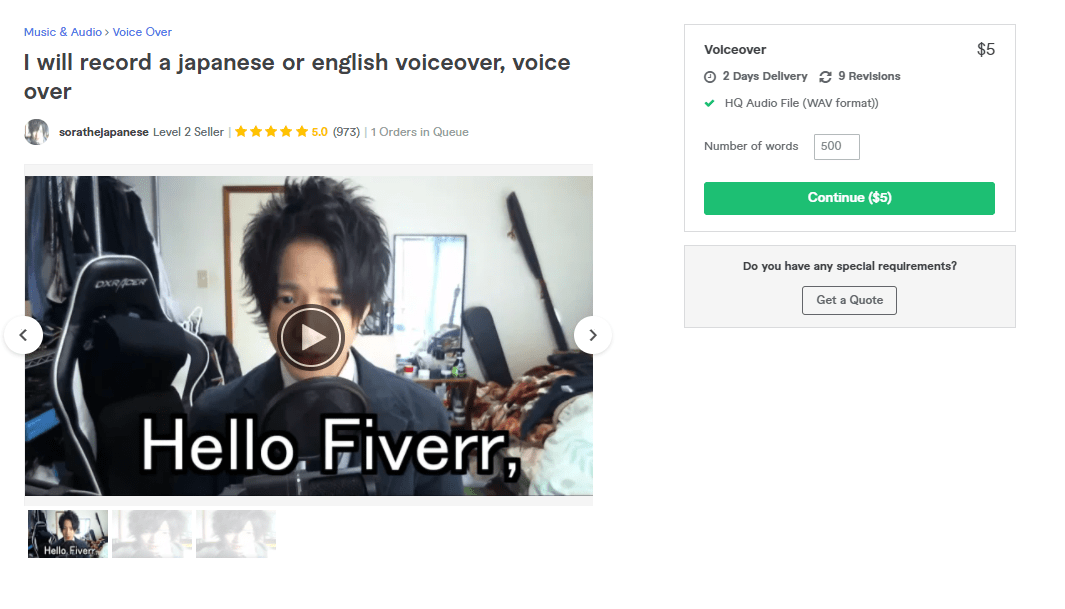 Fiverr screenshot - sorathejapanese japanese voice over artist gig