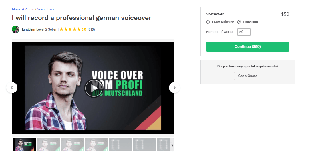 Fiverr screenshot - jungdem german voice over artist gig