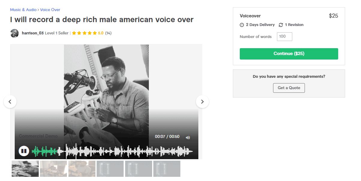 Fiverr screenshot - harrison_03 american voice over artist gig