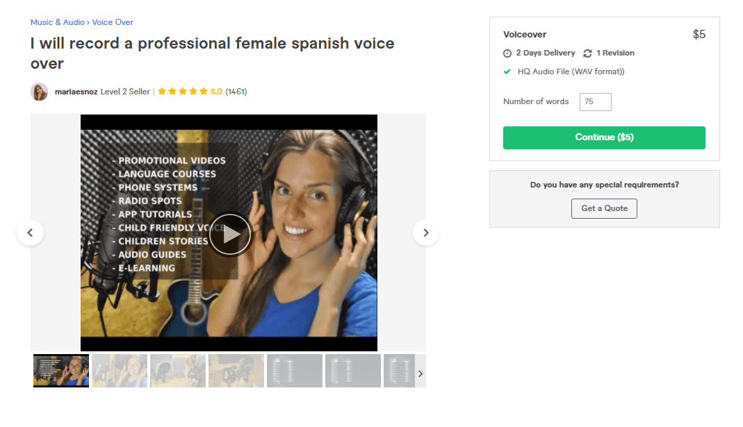 Fiverr screenshot - mariaesnoz spanish voice over artist gig