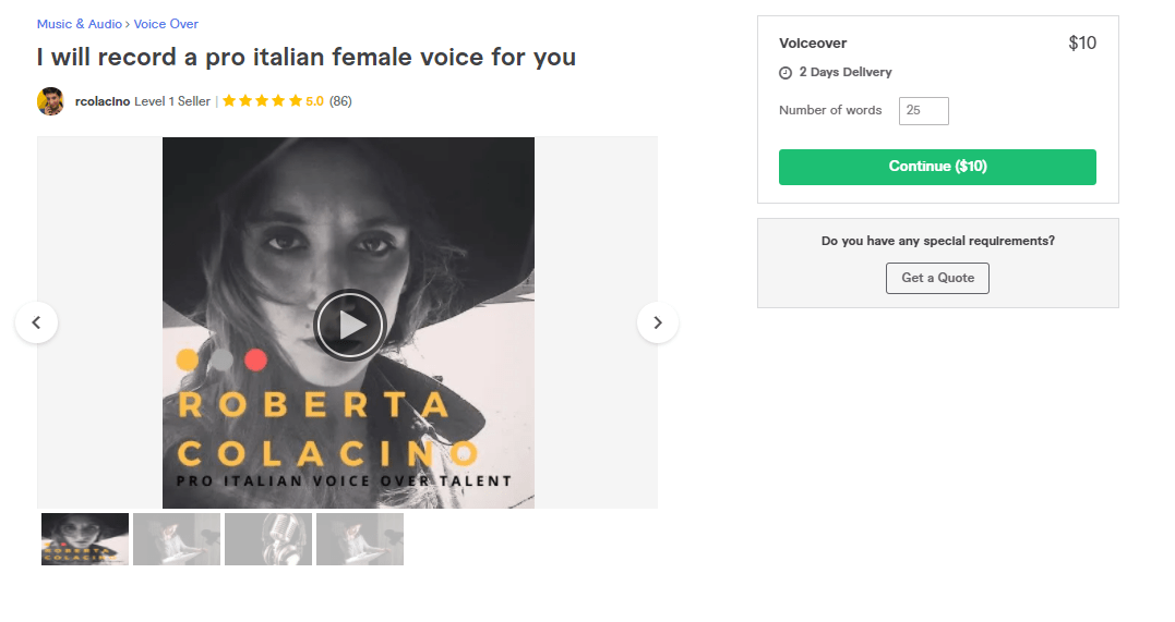 Fiverr screenshot - rcolacino italian voice over artist gig