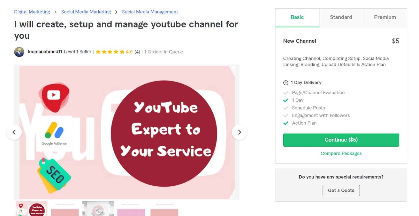 Fiverr screenshot - luqmanahmed11 youtube channel manager gig