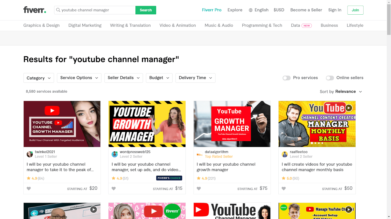 Fiverr screenshot - youtube channel managers