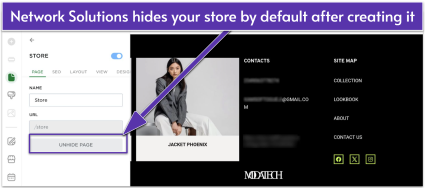 Network Solutions store settings showing how to make a newly built store visible in the navigation bar